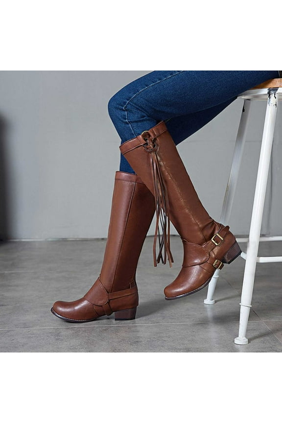 Womens Low Heel Knee-High Boots-Christmas Steampunk Boots Women Causal Winter Boots for Women Brown