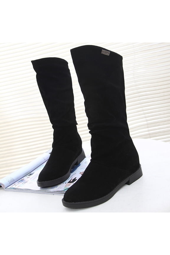 Womens Low Heel Knee-High Boots-Christmas Suede Duck Boots Women Vintage Winter Boots for Women Black