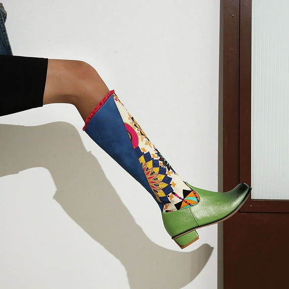 OKBOP Womens Low Heel Knee-High Boots-Christmas Zipper Wide Calf Cowgirl Boots Fashion Winter Boots for Women Green