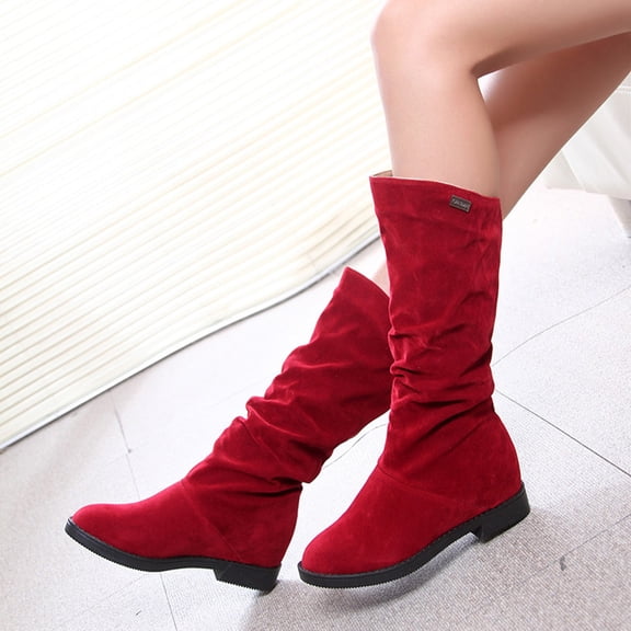 OKBOP Womens Low Heel Knee-High Boots-Suede Wide Width Boots for Women Christmas Vintage Winter Boots for Women Red