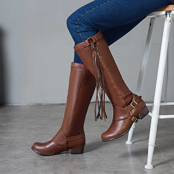 OKBOP Womens Low Heel Knee-High Boots-Womens Boots Mid Calf Christmas Retro Winter Boots for Women Brown