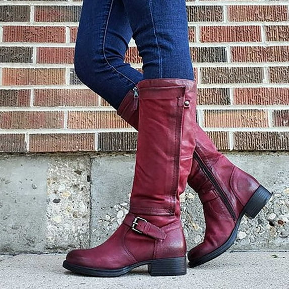 OKBOP Womens Low Heel Mid-Calf Boots-Christmas Tall Boots for Women Vintage Winter Boots for Women Clearance Red