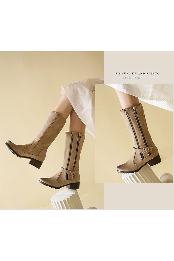Womens Low Heel Mid-Calf Boots-Girls Snow Boots Leather Christmas Retro Winter Boots for Women Brown