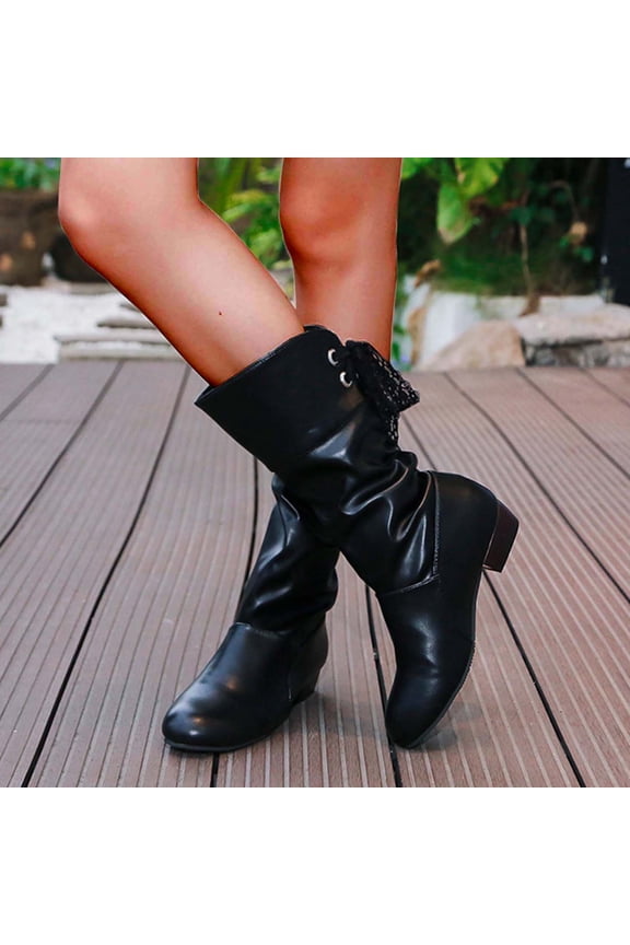 Womens Low Heel Mid-Calf Boots-Lace-Up Christmas Snow Boots Womens Boots Clearance Sale Causal Winter Boots for Women Clearance Black