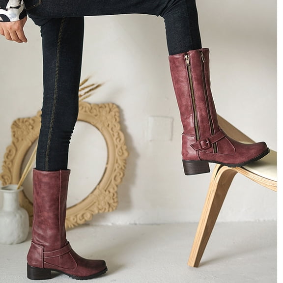 OKBOP Womens Low Heel Mid-Calf Boots-Leather Christmas Rainboots Boots Women Vintage Winter Boots for Women Red