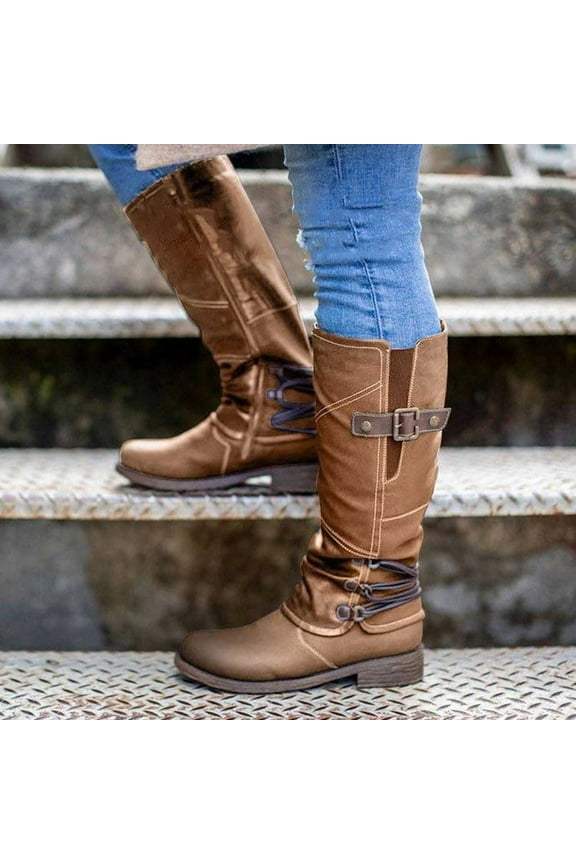Womens Low Heel Mid-Calf Boots-Short Rain Boots for Women Christmas Zipper Fashion Winter Boots for Women Brown