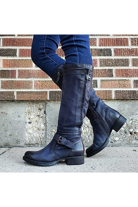 Womens Low Heel Mid-Calf Boots-Wide Calf Cowgirl Boots Christmas Vintage Winter Boots for Women Dark Blue