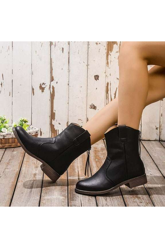Womens Low Heel Mid-Calf Boots-Womens Leather Boots Christmas Zipper Fashion Winter Boots for Women Black