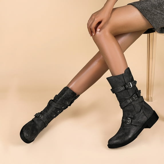 OKBOP Womens Low Heel Mid-Calf Boots-Zipper Patent Leather Boots for Women Christmas Retro Winter Boots for Women Clearance Gray