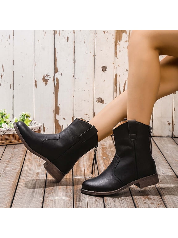 Womens Low Heel Mid-Calf Boots-Zipper Womens Hiking Boots Christmas Causal Winter Boots for Women Black