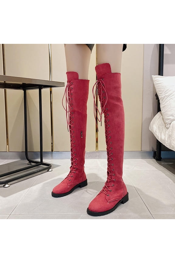 Womens Low Heel Over-The-Knee Boots-Women Boots Thigh High Lace-Up Christmas Causal Winter Boots for Women Clearance Hot Pink