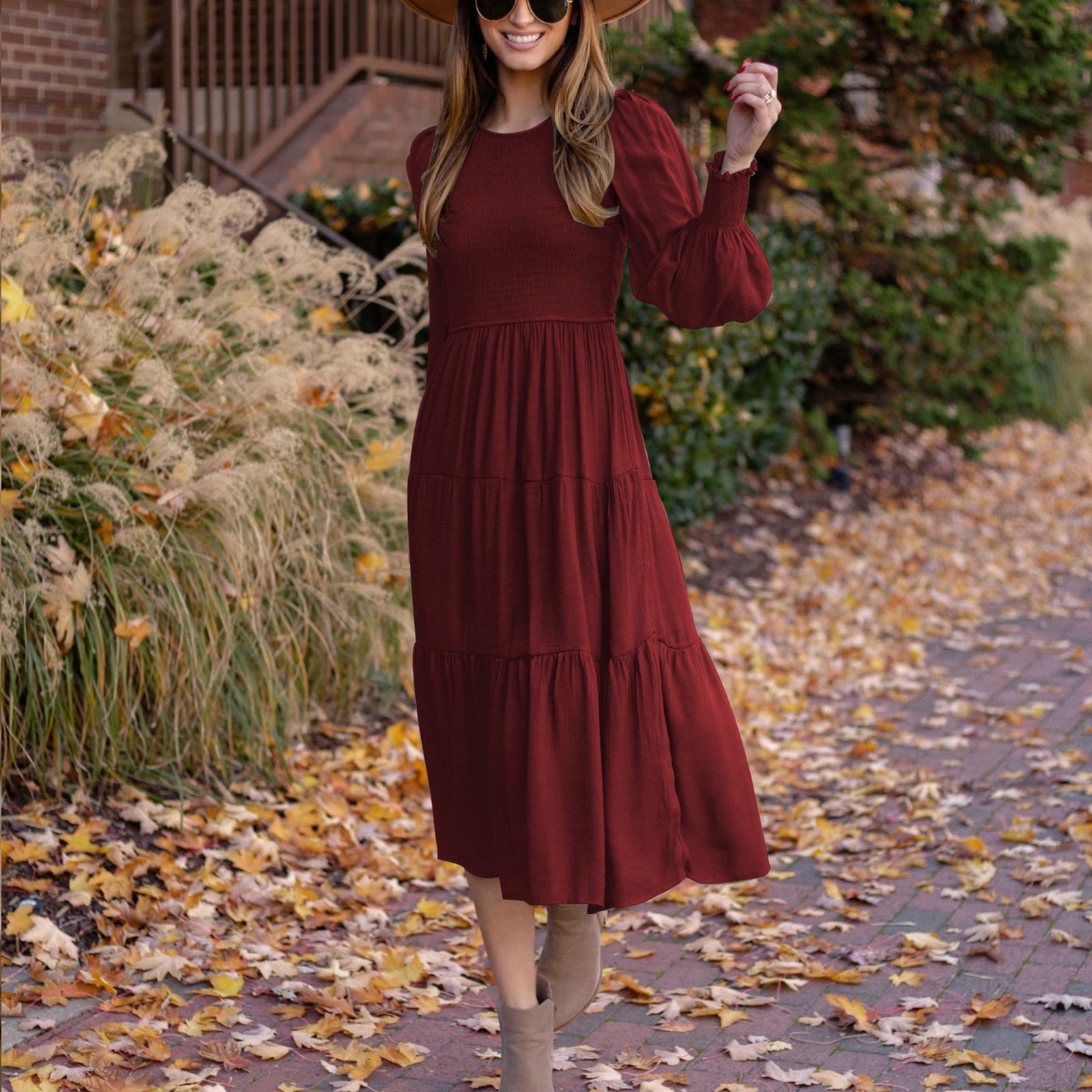 OKBOP Womens Modest Winter Dresses-Polo Fashion Casual Solid Round-Neck High  Waist Long Sleeve Mid Calf Dress Sundress Summer - Walmart.com