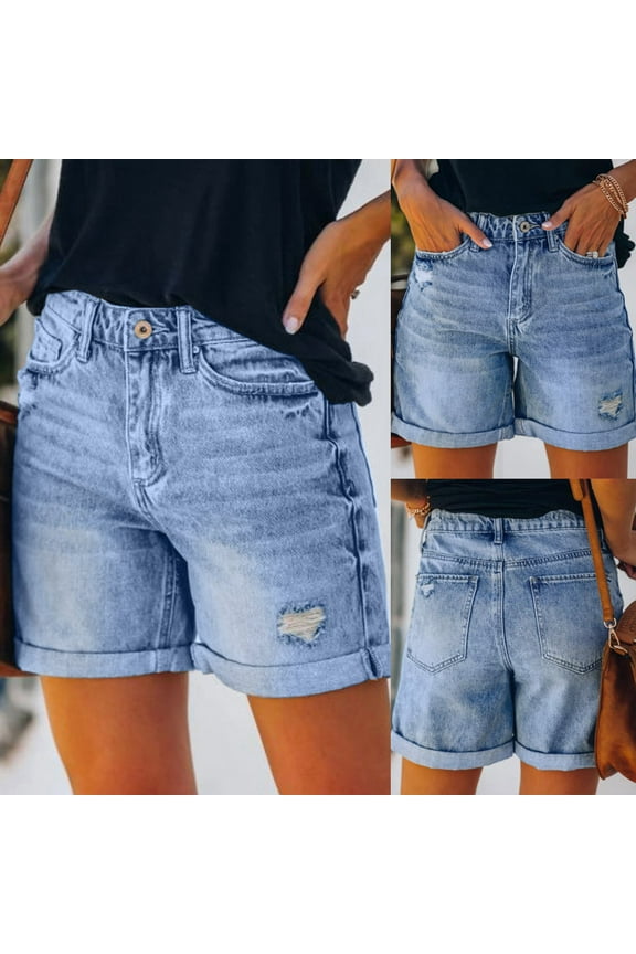 Womens Shorts Athletic- Blue Ripped Wide-Leg Casual Relaxed Fit Jeans Shorts