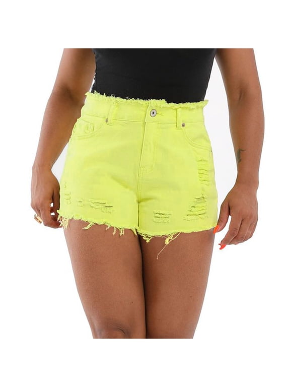 Womens Shorts Plus Size Yellow Relaxed Fit Ripped Wide-Leg Casual Jeans Shorts