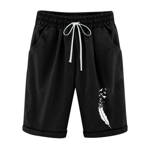 OKBOP Womens Shorts with Pockets Black Straight-Leg Graphic Elastic Waist Casual Relaxed Fit Capris