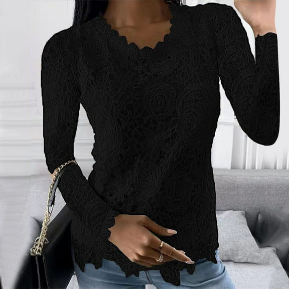 OKBOP Womens Tops-2023 Fall Solid Slim Lace Floral Shirts Crewneck Long Sleeve Tunic Tops Pullover
