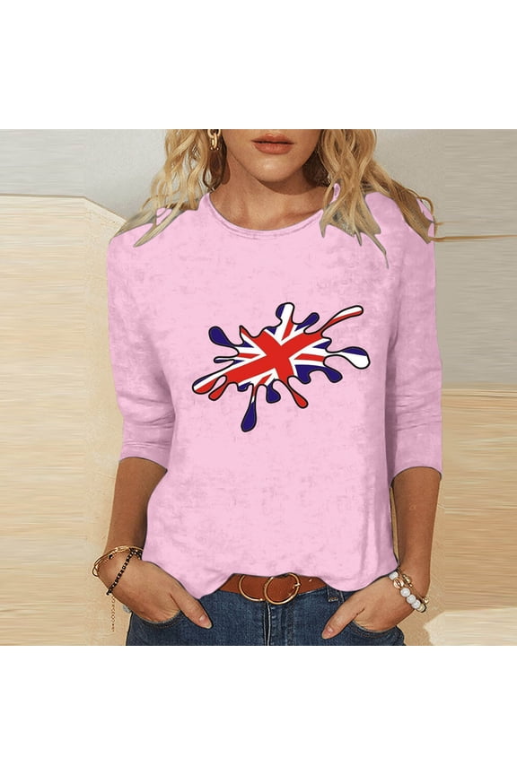 Womens Tops 3/4 Sleeve Pink Uk Flag Crew Neck T-Shirts Womens Shirts
