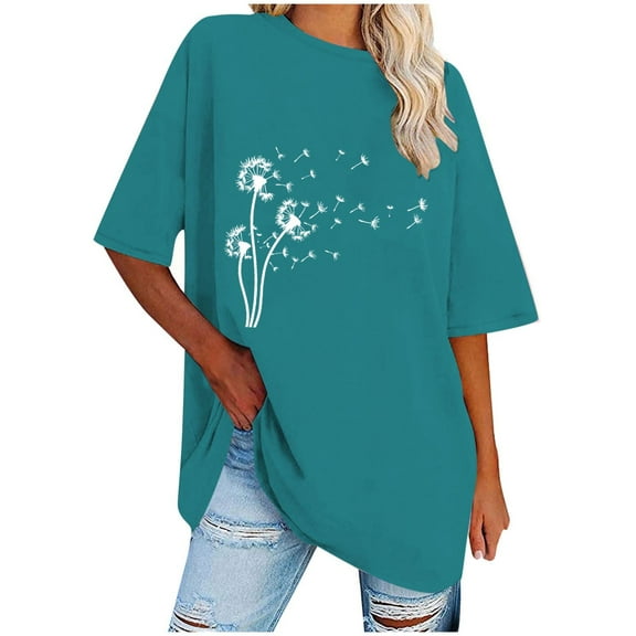 OKBOP Womens Tops Blue Short Sleeve Crew Neck Floral Tunic Shirts for Women