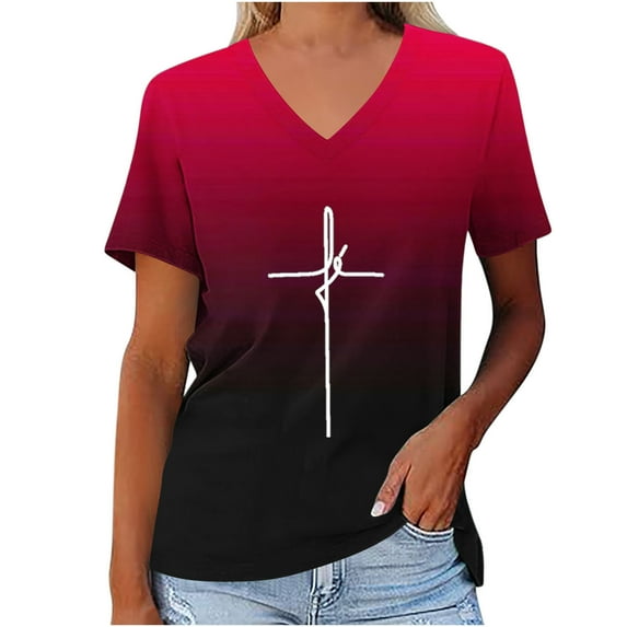 OKBOP Womens Tops Clearance Red Gradient Crucifix Short Sleeve V-Neck T-Shirts Womens Shirts Under $5