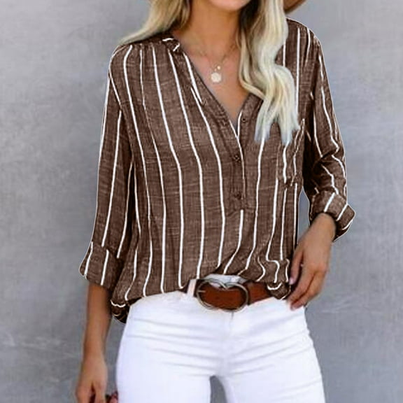 OKBOP Womens Tops ,Striped Printed Single Breasted Long Sleeve Shirt Blouse,Summer Beach New Arrivals Trendy Tops for Women