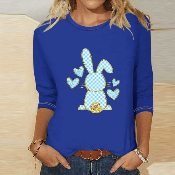 OKBOP Womens Tops Under $10 Blue Easter Bunny 3/4 Sleeve Crew Neck T-Shirts Ladies Shirts and Tops
