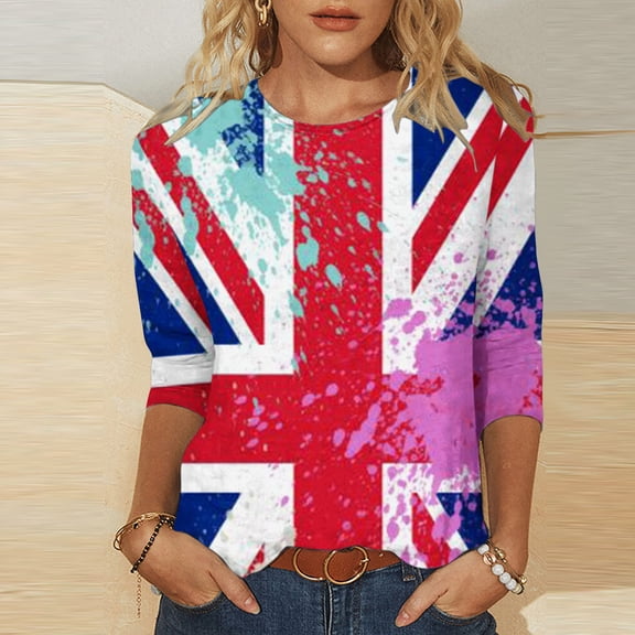 QUINDOS Womens Tops Red 3/4 Sleeve Flag Crew Neck Graphic T-Shirts Womens Shirts Plus Size