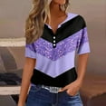 thumbnail image 1 of OKBOP Womens Tops Plus Size Purple Short Sleeve V-Neck Striped Button T-Shirts Womens Shirts Under $5, 1 of 5