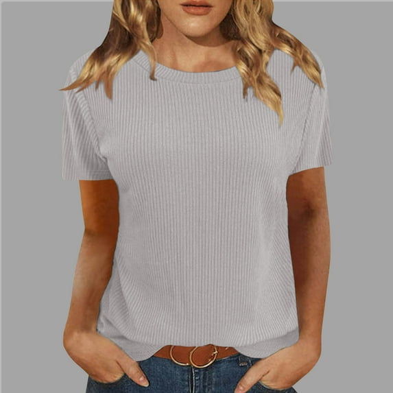 OKBOP Womens Tops Plus Size Short Sleeve Gray Ribbed Solid Crew Neck T-Shirts Womens Shirts Plus Size