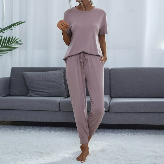 OKBOP Womens Tops Plus Size Short Sleeve Purple Crew Neck Solid Outfit Set Ladies Shirts Clearance $5
