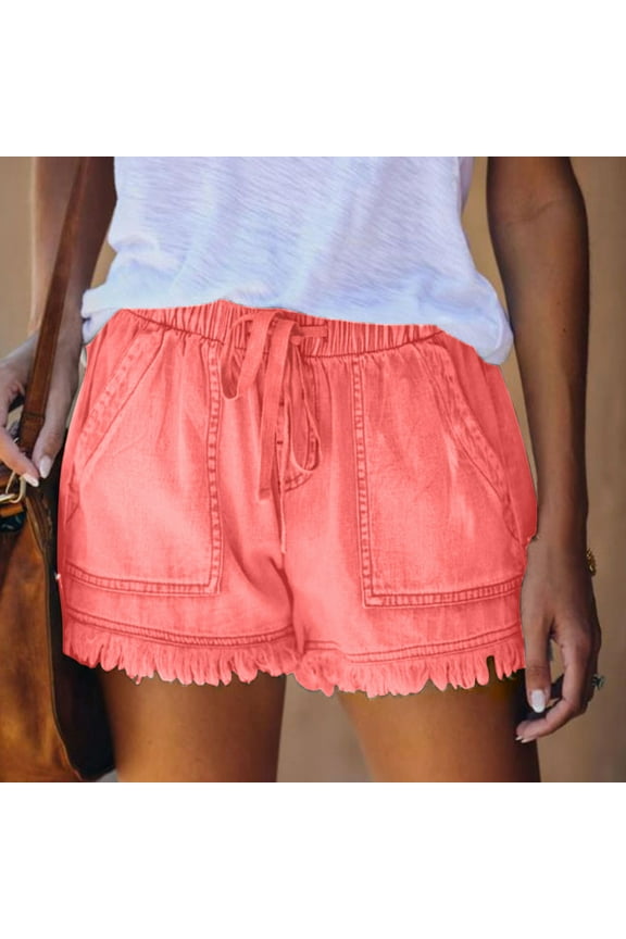 Womens Workout Shorts Pink Relaxed Fit Elastic Waist Wide-Leg Drawstring Casual Jeans Shorts