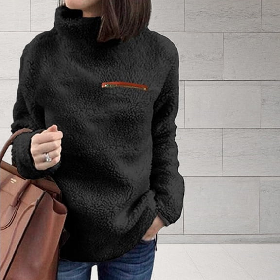 OKBOP Womens Zip Up Fleece Sweatshirt Long Sleeve Solid Fashion Warm Sweater Christmas Sweatshirts for Women Loose Fit Turtleneck Winter 2023 Gift Pullover Black