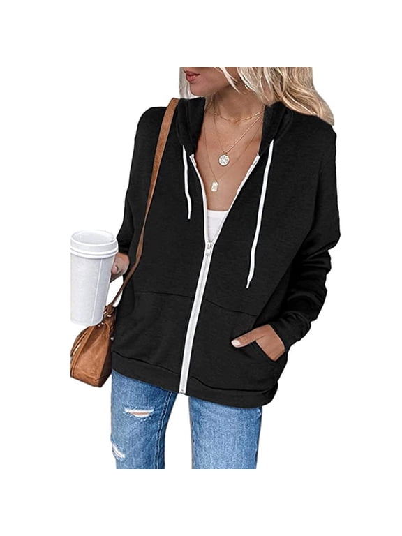 Womens Zip Up Hoodies Drawstring Sweatshirt Long Sleeve Solid 2023 Relax Fit Causal Pocket Jacket Fall Gift Lightweight Custom Sweatshirt Pullover Black