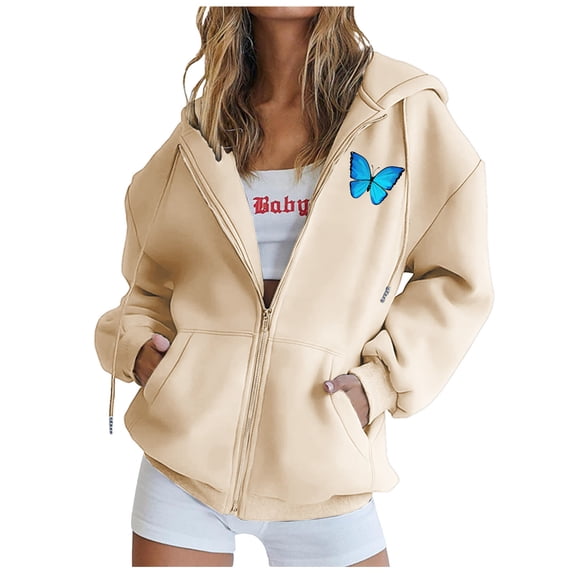 OKBOP Womens Zip Up Hoodies Sweatshirt Long Sleeve Print 2023 Girls Sweatshirts Size 10-12 Winter Classic Fit Vintage Gift Pullover Beige