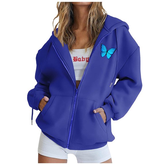 OKBOP Womens Zip Up Hoodies Sweatshirt Long Sleeve Print Fashion Loose Fit 2023 Gift Winter Sweatshirts Women Trendy Pullover Blue