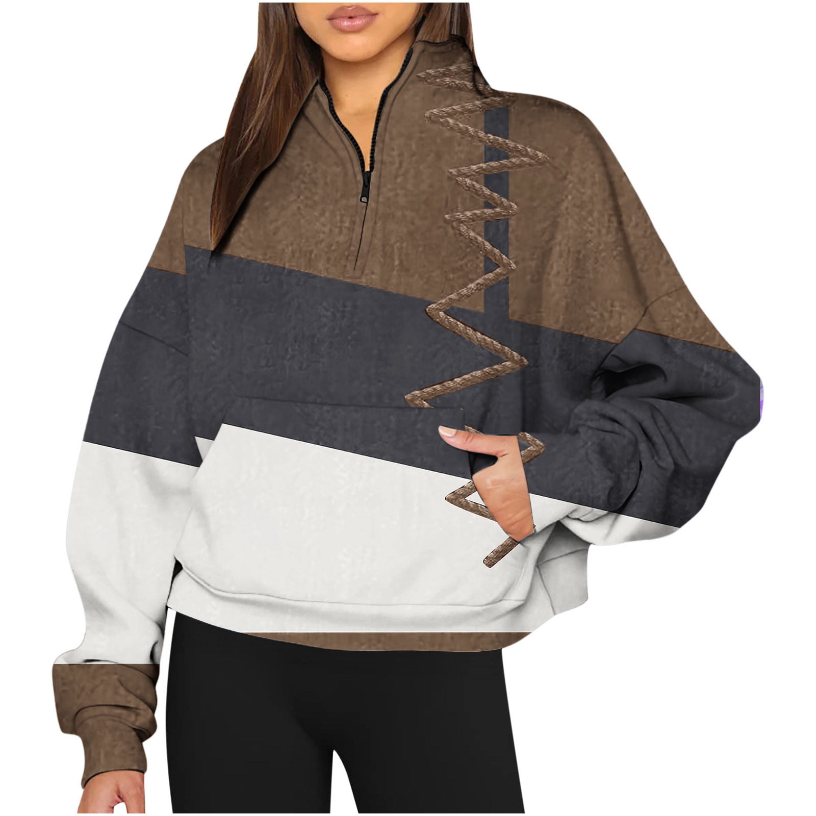 OKBOP Womens Zip Up Sweatshirt Long Sleeve Graphic Patch Work 2023 Gift