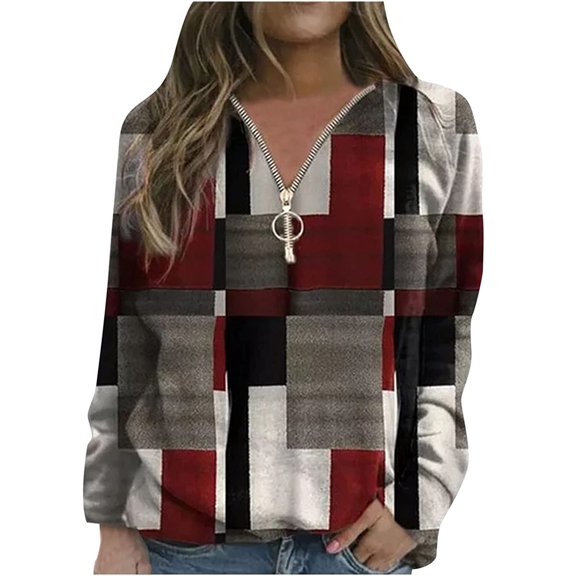OKBOP Womens Zip Up Sweatshirt Long Sleeve Graphic Plaid 2023 Gift Tunic Sweatshirts for Women Half Zipped Classic Fit Fall Vintage Pullover Red