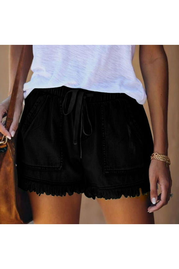 Workout Shorts for Women Black Drawstring Wide-Leg Relaxed Fit Elastic Waist Casual Jeans Shorts