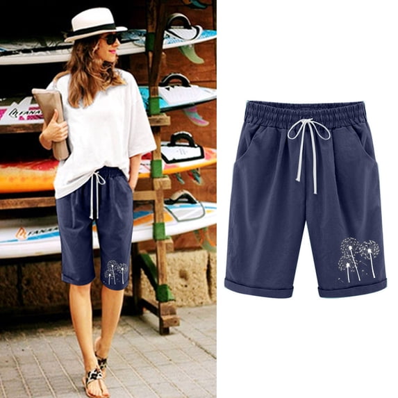 OKBOP Workout Shorts for Women Blue Casual Relaxed Fit Straight-Leg Elastic Waist Capris