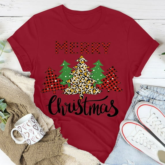 OKBOP Zenana Tops For Women,Casual Round Neck Short-Sleeved Christmas Tree Printed T-Shirt Top Long Sleeve Blouses For Women Black T Shirts For Women