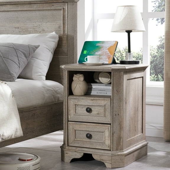 OKD 2-Drawer Farmhouse Nightstand with Charging Station, Modern End Table with USB Ports for Living Room or Bedroom, Light Rustic Oak