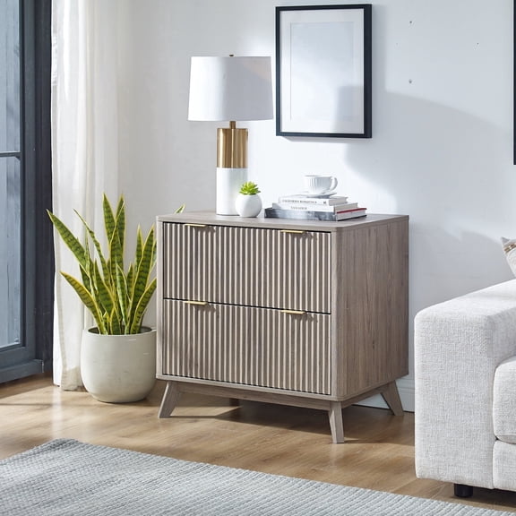 OKD 30" File Cabinet with 2 File Drawers, Modern Style Fluted Filing Cabinet for Home Office, Alder Grey