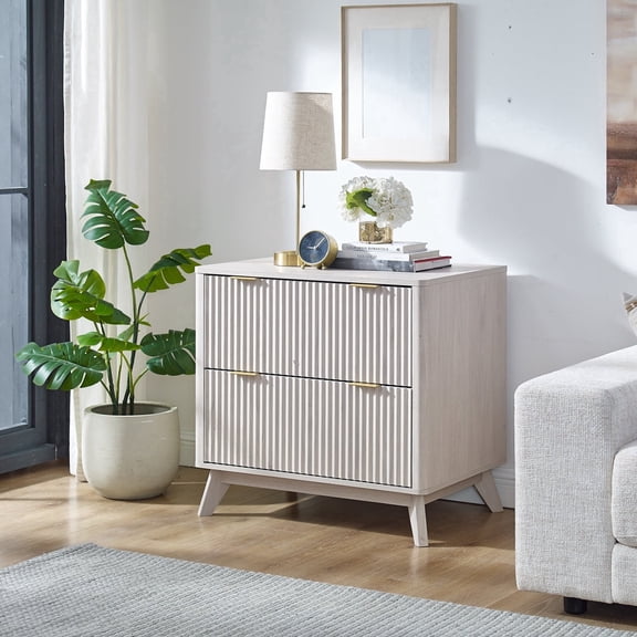 OKD 30" File Cabinet with 2 File Drawers, Modern Style Fluted Filing Cabinet for Home Office, Alder White