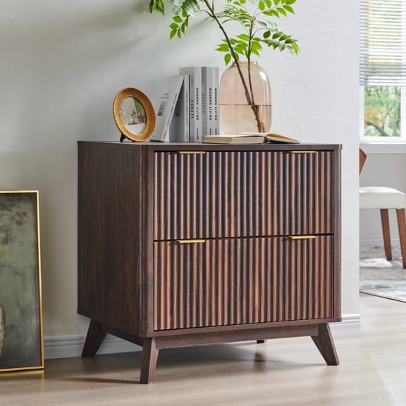 OKD 30" File Cabinet with 2 File Drawers, Modern Style Fluted Filing Cabinet for Home Office, Dark Walnut