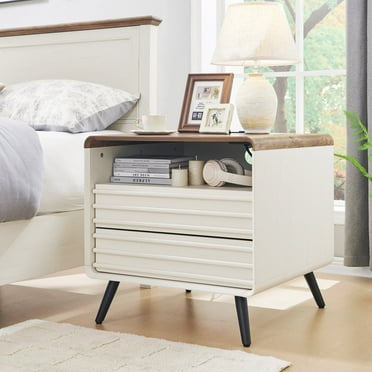 OKD 2-Drawer Mid-Century Nightstand with Charging Station,24" Wood End Side Table for Living Room Bedroom, Fluted Panel, Off White