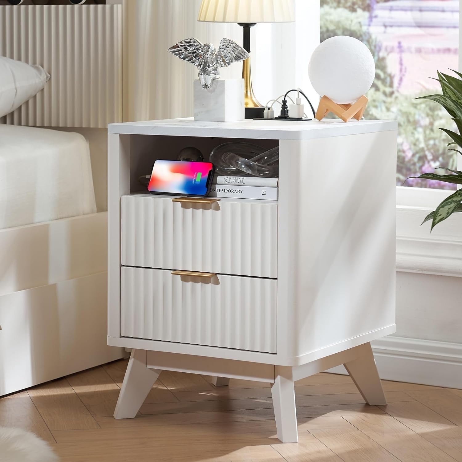 OKD Mid-Century Modern Nightstand with Charging Station, Wood End Table Side Table for Living Room, Fluted Panel, Solid White
