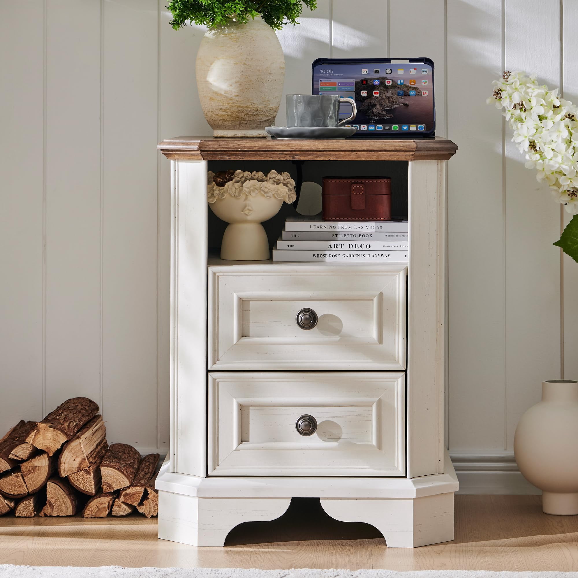 OKD 2-Drawer Nightstand with Charging Station, Farmhouse End Table with USB Ports for Living Room or Guest Room, Antique White