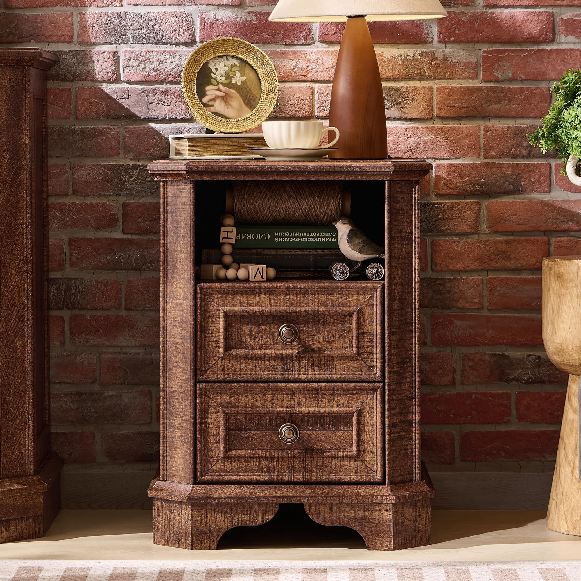 OKD 2-Drawer Nightstand with Charging Station, Farmhouse End Table with USB Ports for Living Room or Guest Room, Reclaimed Barnwood
