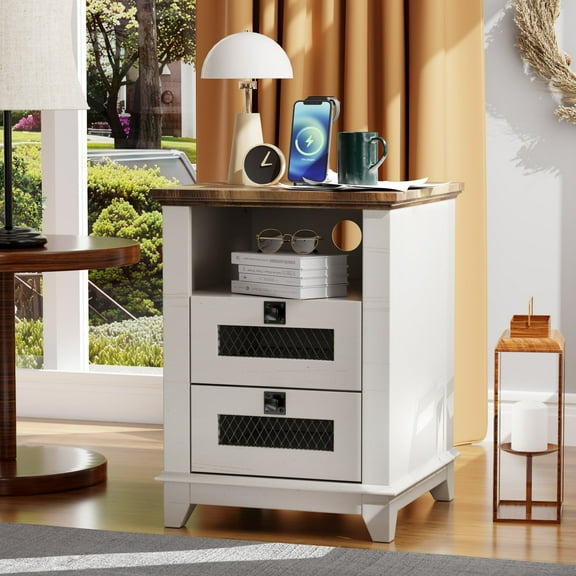 OKD 2-Drawer Wooden End Table with Charging Station for Living Room, Modern Square Nightstand, Antique White