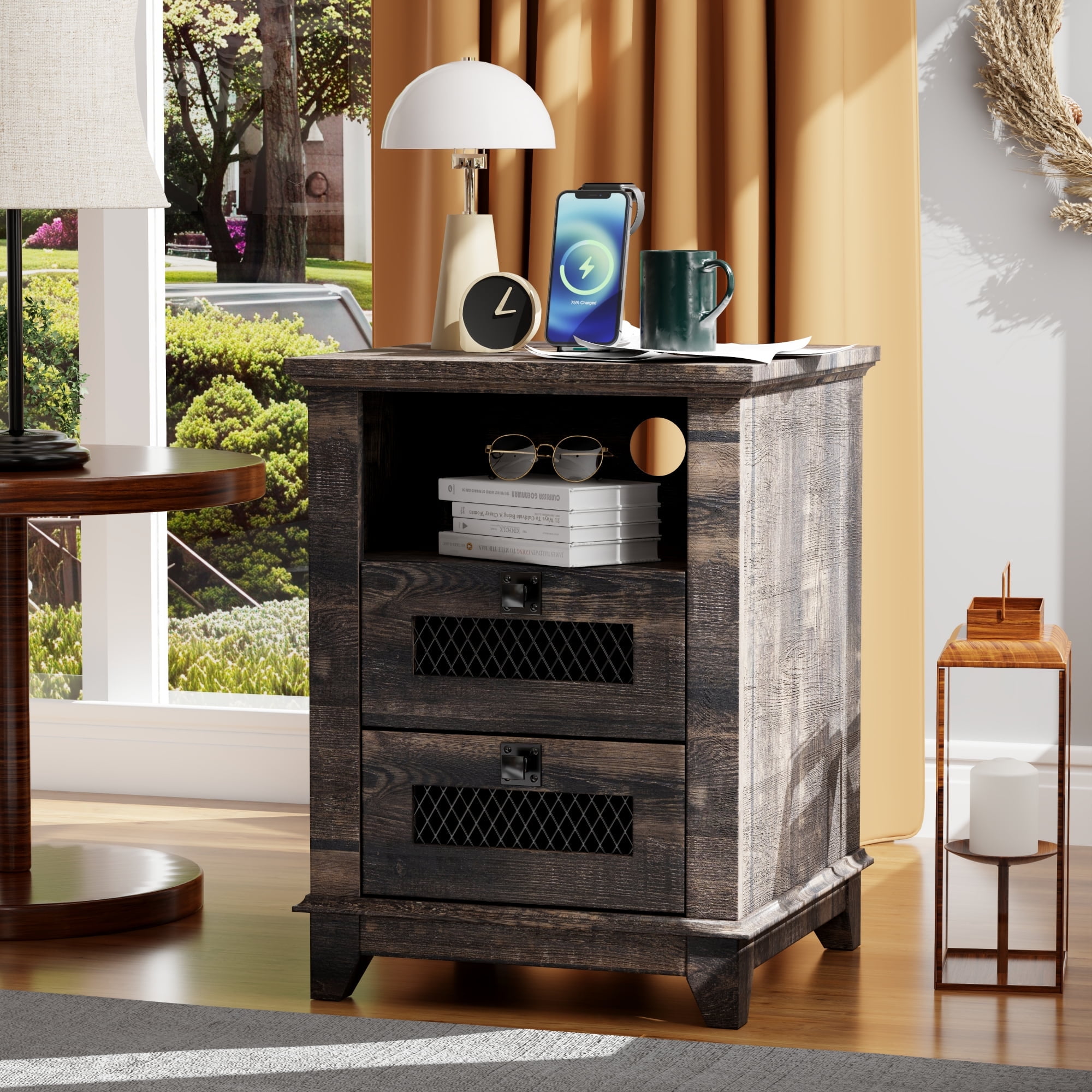 OKD 2-Drawer Wooden End Table with Charging Station for Living Room, Modern Square Nightstand, Dark Rustic Oak