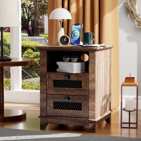 OKD 2-Drawer Wooden End Table with Charging Station for Living Room, Modern Square Nightstand, Reclaimed Barnwood